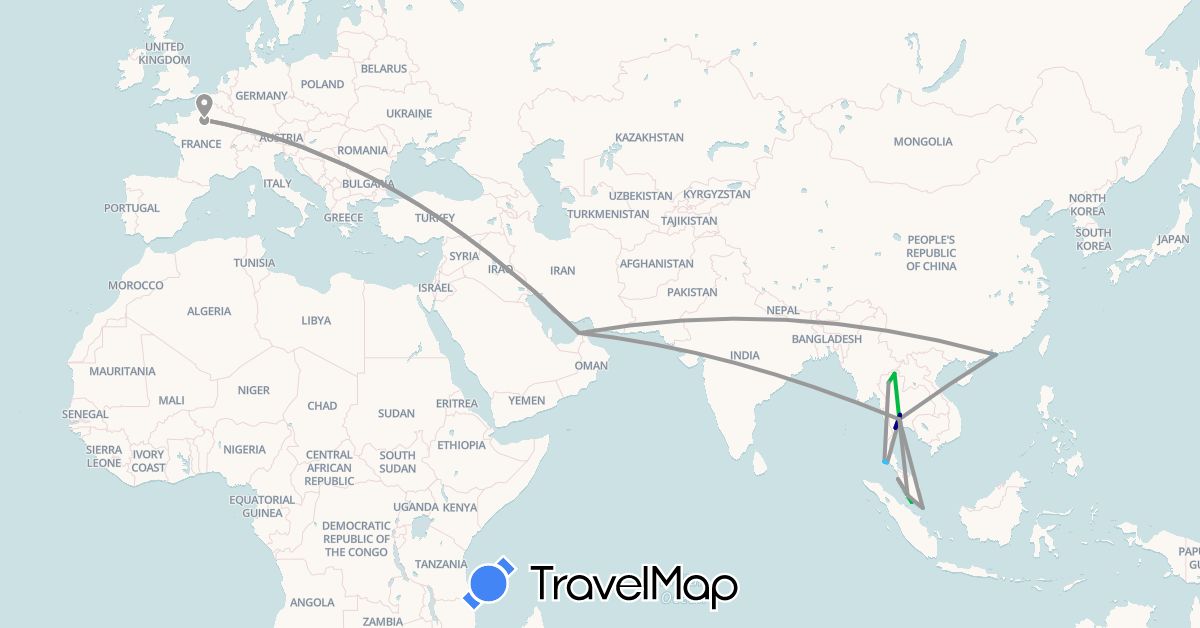 TravelMap itinerary: driving, bus, plane, boat in United Arab Emirates, France, Hong Kong, Macau, Malaysia, Singapore, Thailand (Asia, Europe)